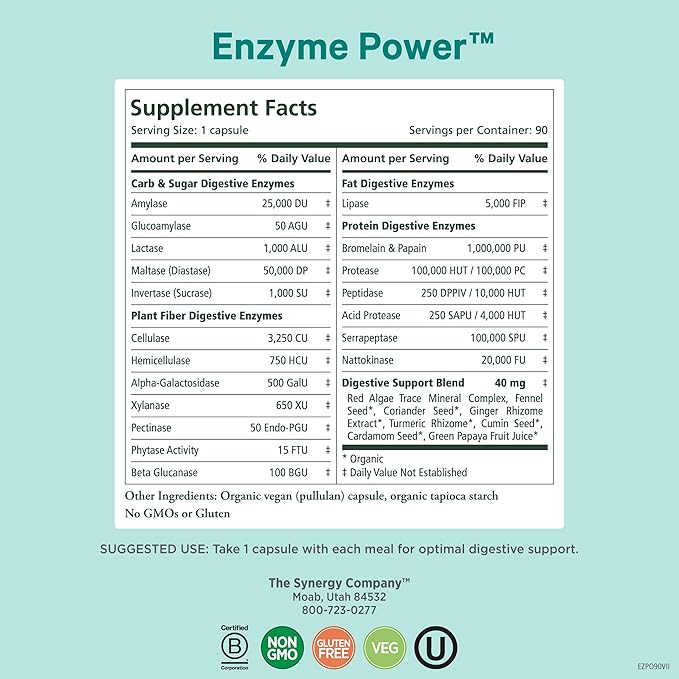 PURE SYNERGY Enzyme Power | Digestive Enzyme Supplement | Digestive Health Enzymes with Nattokinase Bromelain and Serrapeptase | for Digestive and Gut Health (90 Capsules)