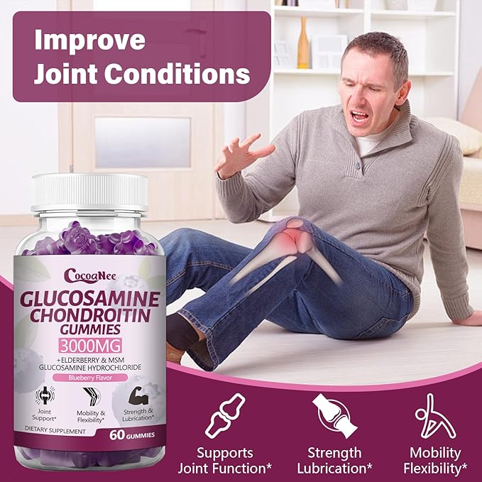 2 Packs 3000MG Glucosamine Chondroitin Gummies Extra Strength Joint Support Supplement with MSM &amp Elderberry Flexibility Antioxidant Immune Support Gummy for Adults Men &amp Women 120Cts