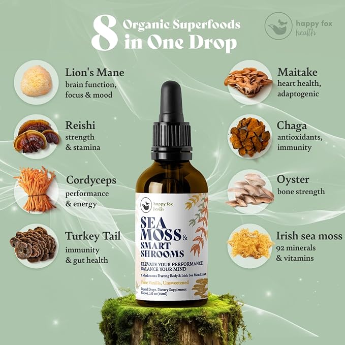 HAPPY FOX Irish Sea Moss Liquid Drops &amp Mushroom Tincture - Seamoss with 7 Adaptogenic Mushroom Extracts for Cognitive Support &amp Gut Health Mushroom Coffee Elixir Pure Vanilla Flavor