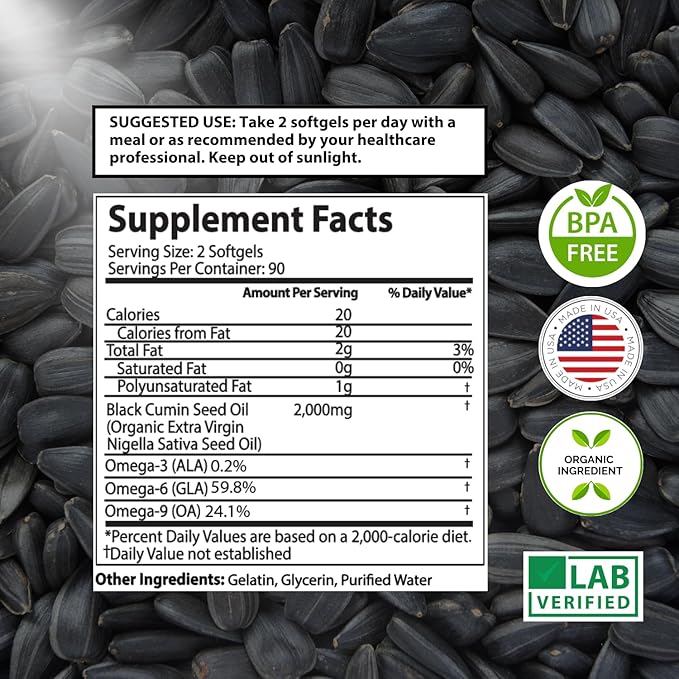 Black Seed Oil Capsules 2000mg Per Serving Organic Cold Pressed Black Cumin High TQ Immune &amp Joint Support 180 Count (3 Month Supply)