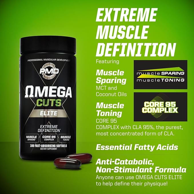 PMD Sports Omega Cuts Elite -Fat Loss-Muscle Defining Formula - Omega Fatty Acids MCT's and CLA for Muscle Definition and Maintenance - Keto Friendly For Women and Men - Stimulant Free (180 Softgels)
