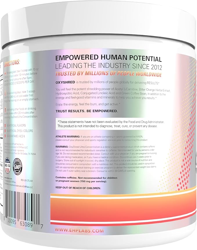 EHP Labs OxyShred Pre Workout Powder - Preworkout Powder with L Glutamine &amp Acetyl L Carnitine Energy Boost Drink - Peach Candy Rings 60 Servings