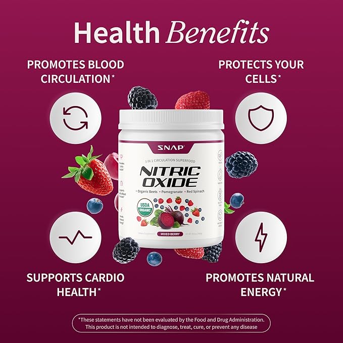 Snap Supplements Organic Beet Root Powder Nitric Oxide Supplement for Men &amp Women Red Spinach &amp Pomegranate Supports Healthy Energy &amp Blood Pressure Already in Normal Range 30 Servings