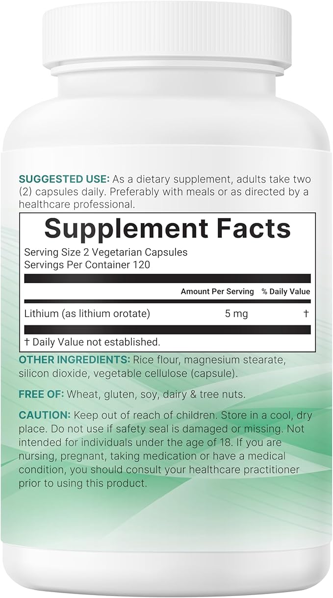Micro Ingredients Lithium Orotate 5mg 240 Vegetarian Capsules | 5mg Per Serving | Elemental Lithium Trace Mineral | Stable Low-Dose Orotate Form | Non-GMO Filler Free