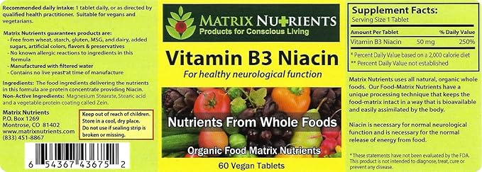 Vitamin B3 NIACIN - Digestive Heart and Immune Support! - 100% Organic - Also Improve Brain Function Energy and Reduce Stress - Vegan Tablets (60ct)