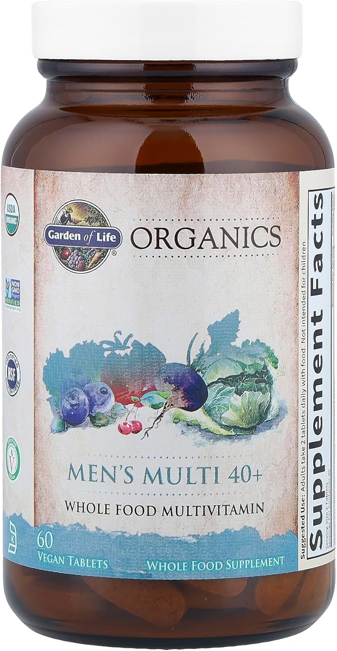 Garden of Life Organics Men's 40+ Multivitamin with Prostate Support B12 &amp Vitamins – Vegan Daily Whole Food Multivitamin Non-GMO Certified Organic 60 Tablets