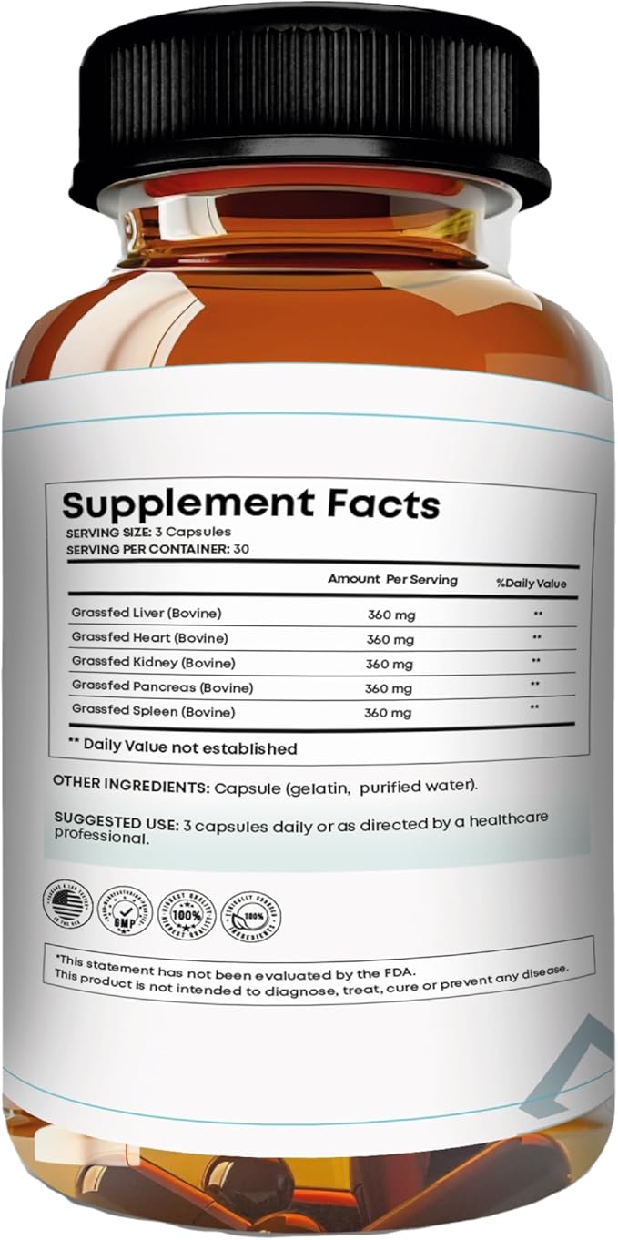 Bullox Supplements. Grass Fed Beef Organs Freeze Dried Liver Heart Kidney Pancreas and Spleen Natural Multi-Vitamin Supporting Wellness and Whole Body Nutrition. Non GMO Free Pesticides.