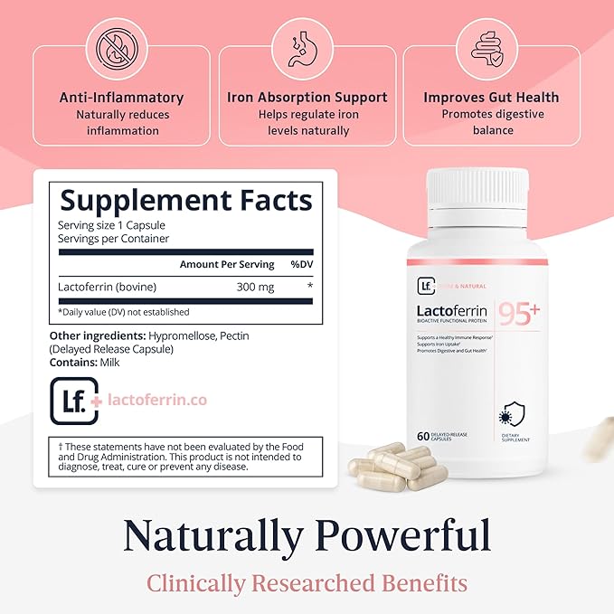Supplement 300mg – 95%+ Pure Bovine Capsules – Delayed Release for Immune Support Gut Health &amp Iron Metabolism – 60 Count