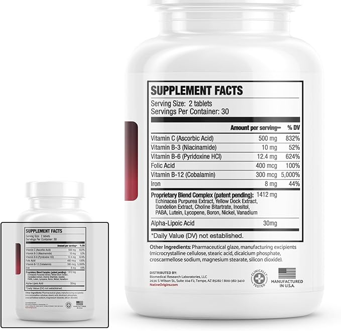Natural Blood Builder Iron Supplement and Support for Healthy RBC &amp Oxygen Levels and Red Blood Cells Production for Women and Men - 60 Pills