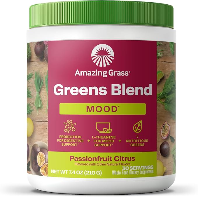 Amazing Grass Greens Blend Mood: Super Greens Powder Smoothie Mix for Mood Relaxation &amp Stress Support with Organic Spirulina Chlorella Beet Root Powder Digestive Enzymes &amp Probiotics 30