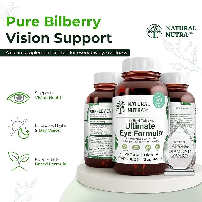 Natural Nutra Ultimate Eye Health Supplement - Bilberry &amp Blueberry Extract Blend for Day and Night Vision Support Promotes Color Perception &amp Eye Clarity - Non-GMO Gluten-Free Vegan - 60 C