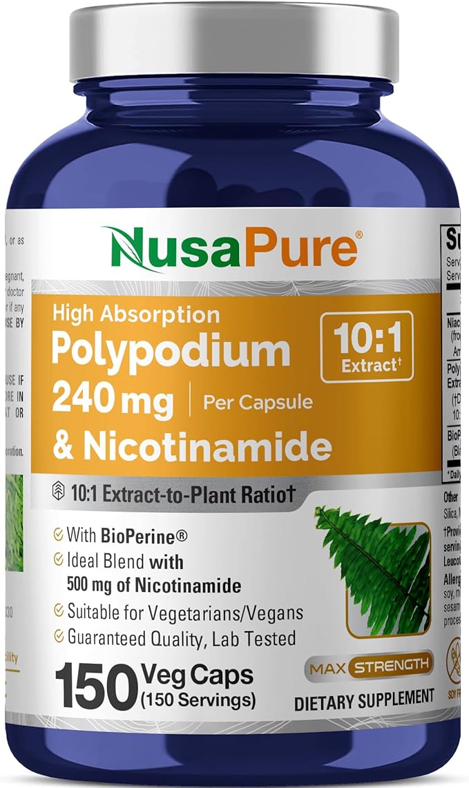 NusaPure Polypodium Nicotinamide Capsules 240 mg 150 Veg Capsules (Non-GMO Soy Free)