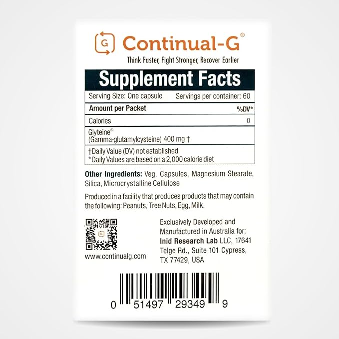 CONTINUAL - G Glyteine 400 mg Capsules | Cellular‑Enhancing Glutathione Supplement | Powerful Antioxidant Support | 30‑Day Supply (60 Capsules)