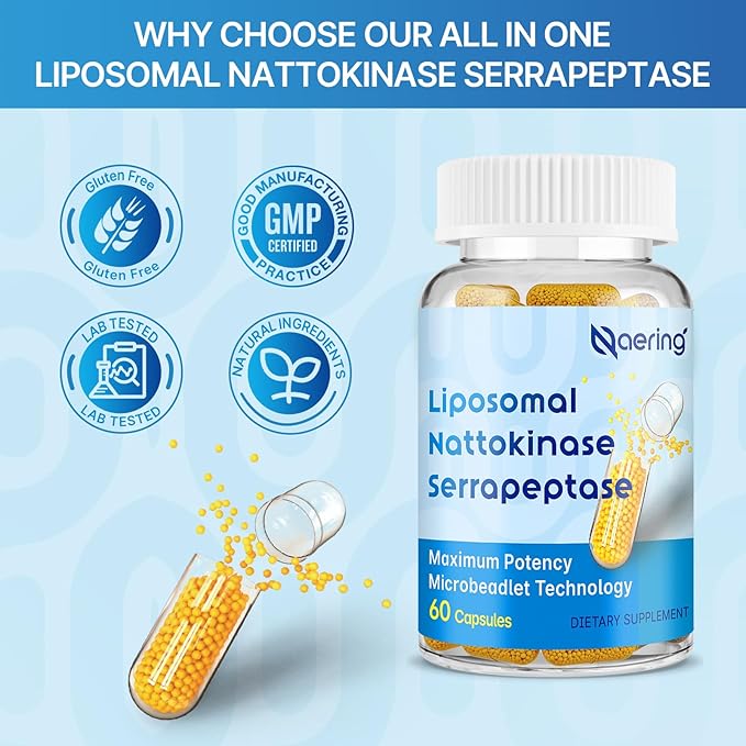 Liposomal Nattokinase 12000 FU Serrapeptase 360000 SPU Enzyme Supplement - Enriched with Synergistic Enzymes and Nutrient Blend &amp Inulin for Circulatory Gut Digestion 60 Capsules (2 Bottle)