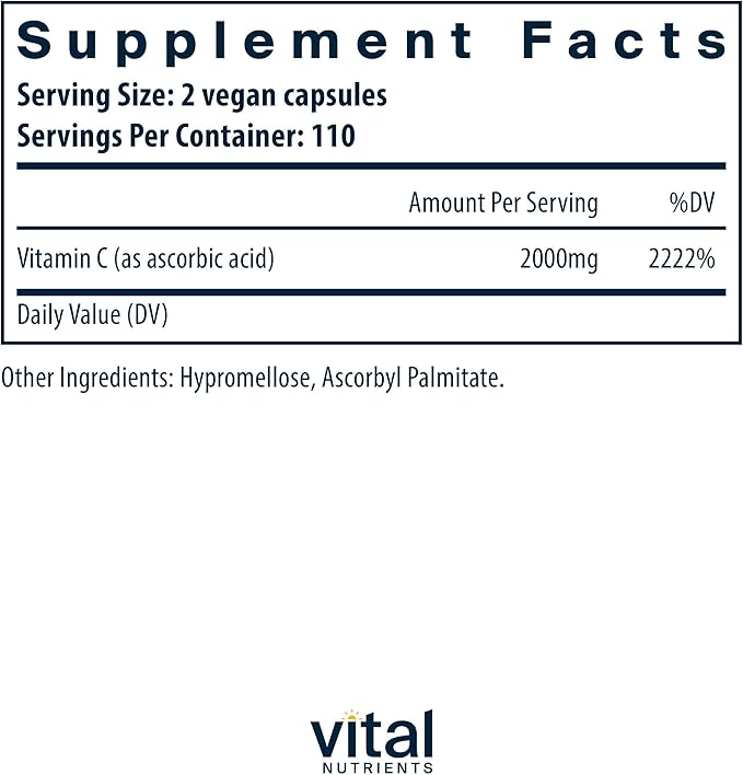 Vital Nutrients Vitamin C 1000mg (100% Pure Ascorbic Acid) - Vegan Antioxidant Supplement for Immune Support and Iron Absorption* - Gluten Dairy and Soy Free - Non-GMO - 220 Capsules