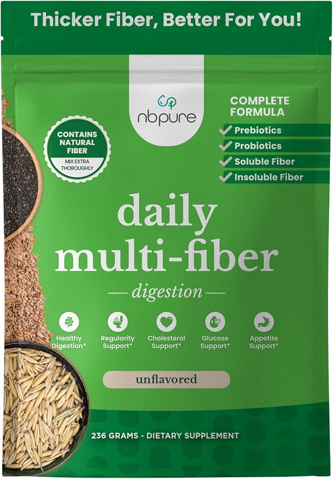nbpure Daily Fiber Powder Blend - Digestive Health Cholesterol Support Healthy Weight Management | Prebiotic Insoluble Soluble Fiber + 4 Probiotic Strains | Unflavored (45 Servings)