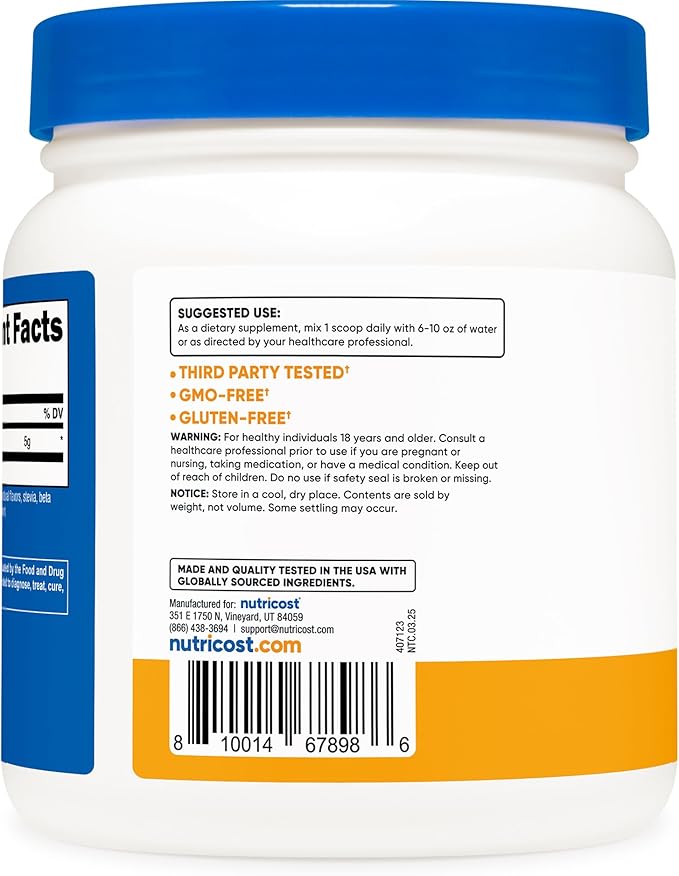 Nutricost L-Glutamine Powder Sweetened with Stevia (500 Grams Peach Mango) - Supplement for Gut Support 5 Grams of L-Glutamine Per Serving - Gluten Free Non-GMO