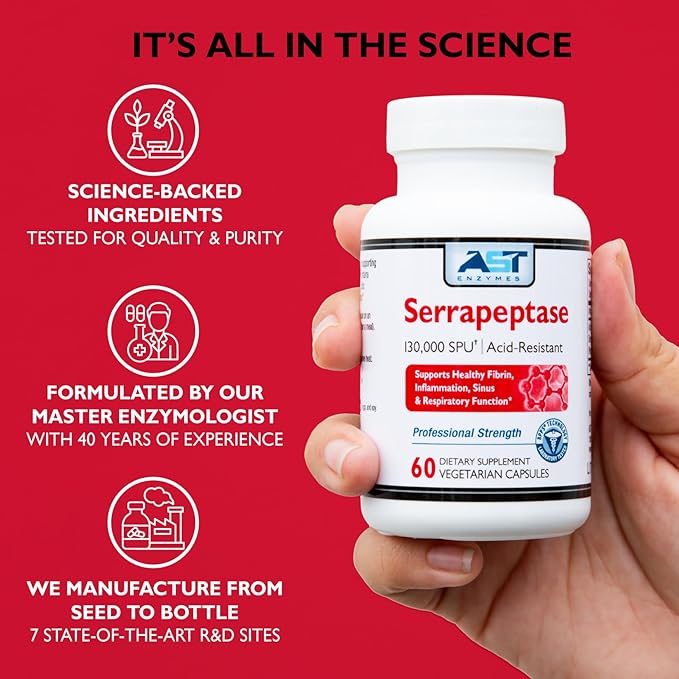 AST Enzymes Serrapeptase 130000 SPU – 60 Vegetarian Capsules – Premium Natural Systemic Enzymes –Acid-Resistant Serrapeptase