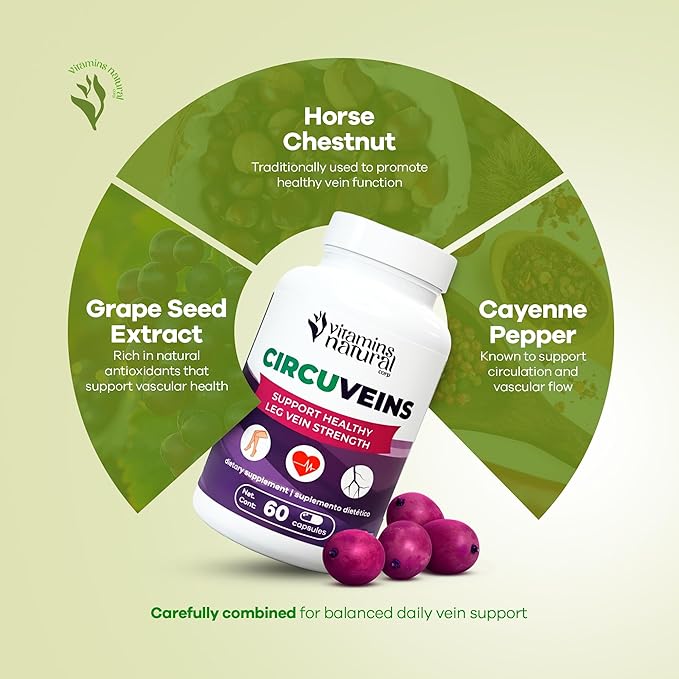 CircuVeins Circulation Support Supplement for Legs and Veins with Horse Chestnut Gotu Kola Butcher’s Broom and Grape Seed for Healthy Blood Flow and Leg Comfort – 60 Capsules
