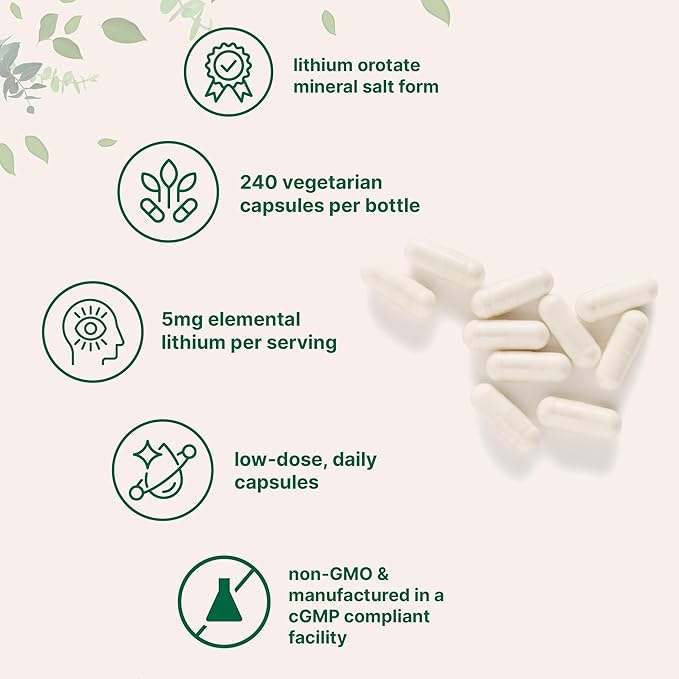 Micro Ingredients Lithium Orotate 5mg 240 Vegetarian Capsules | 5mg Per Serving | Elemental Lithium Trace Mineral | Stable Low-Dose Orotate Form | Non-GMO Filler Free