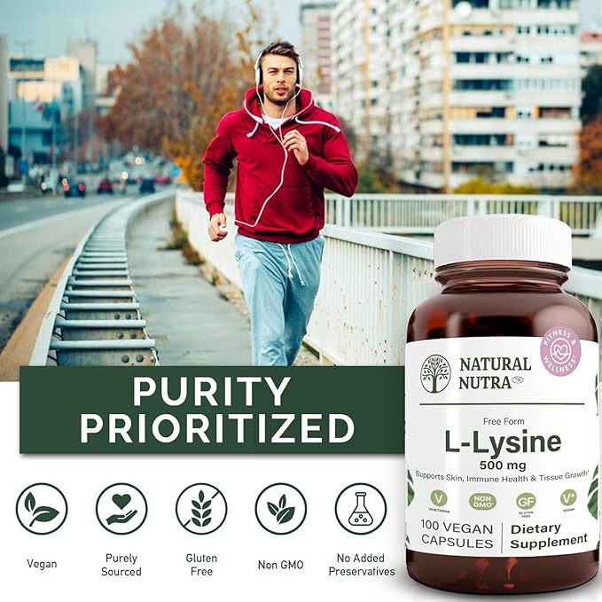Natural Nutra L-Lysine HCl 500mg – Non-GMO Vegan Amino Acid Supplement Supports Immune Health &amp Collagen Production 100 Capsules