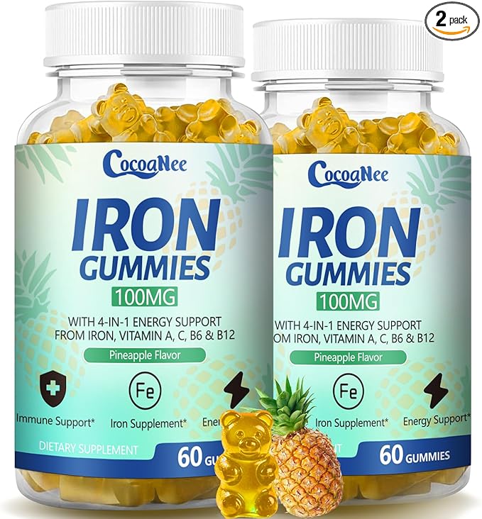 2 Pack 100MG Iron Supplements Gummies for Women &amp Men - Vitamin C A B12 - Complex Improve Absorption Energy Boost Iron Deficiency Anemia for Adults &amp Kids - Complex Folate Zinc 120Cts