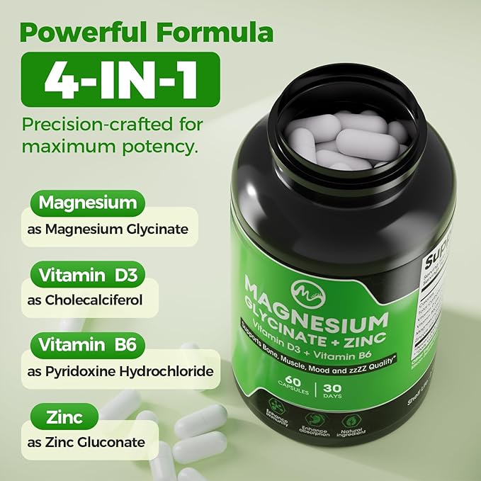 (2 Pack) Magnesium Glycinate Capsules Magnesium Supplement with Zinc Vitamin D3 &amp B6 - Highly Bioavailable and Absorption - Bone Heart Joint Immune Support 120 Vegan Capsules