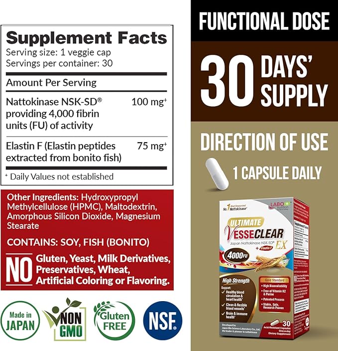 LABO Nutrition Ultimate VesseCLEAR EX Nattokinase NSK-SD 4000FU &amp Elastin F Vessel Circulation &amp Brain Health Support Japanese Supplement Shelf Stable Acid Resistant DRCaps Delayed Release x