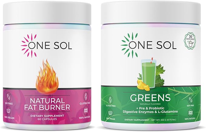 One Sol Fat Burner &amp Greens Bundle: Natural Metabolism Energy &amp Gut Health Support with Superfoods Probiotics &amp All-Natural Ingredients (Fat Burner + Super Greens)