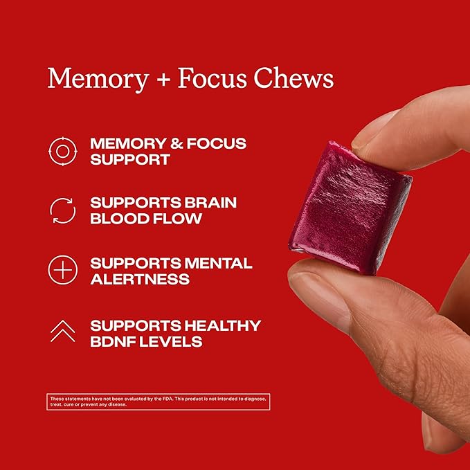 Humann Memory and Focus Chews Brain Supplement for Mental Alertness with Beet Root Powder Clinically Studied Nootropics Resveratrol Plus Beet Root Powder Blueberry Pomegranate Flavor 30 Count