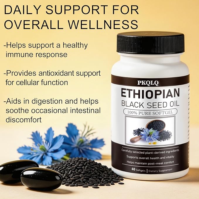 Organic Ethiopian Black Seed Oil Softgels 60 Count - Cold-Pressed with Occurring Thymoquinone Plant-Based for Daily Wellness (1)
