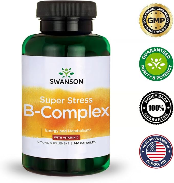 Swanson Super Stress B-Complex Energy and Wellness Supplement for Busy Adults Seeking Daily Vitamin B Support (240 Capsules 2 Pack)