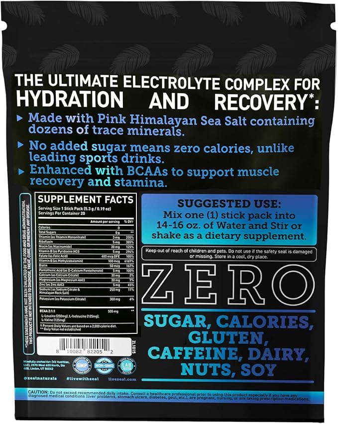 Enhanced Electrolyte Powder Stick Packs (Blue Raspberry | 20 Packets) w/ 0 Sugar +BCAAs +B-Vitamins Electrolyte Supplement w Potassium Zinc &amp Magnesium for Hydration - Keto Electrolytes