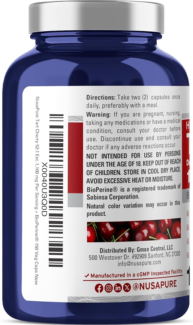 NusaPure Tart Cherry Capsules 1100 mg 150 Veg Capsules (Non-GMO Vegan)