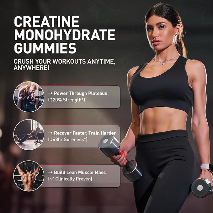 Creatine Gummies for Men &amp Women Creatine Monohydrate Gummies 5g Creatine per Serving Gluten Free Vegan Friendly Strawberry Flavor 120 Count