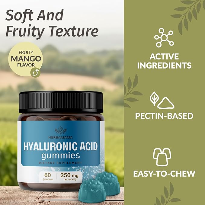 HERBAMAMA Hyaluronic Acid Gummies - 250mg Pure Hyaluronic Acid for Hair Skin &amp Nails Support - Vegan Non-GMO Skin Elasticity Supplement - 60 Pectin-Based Mango-Flavored Chews