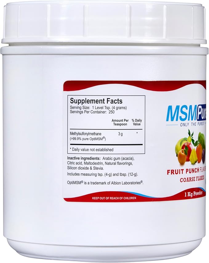 KALA HEALTH MSMPure Fruit Punch Flavored Coarse MSM Powder Flakes – US-Made MSM for Joint Health Skin Appearance and Hair &amp Nail Support – 2.2 lb Organic Sulfur
