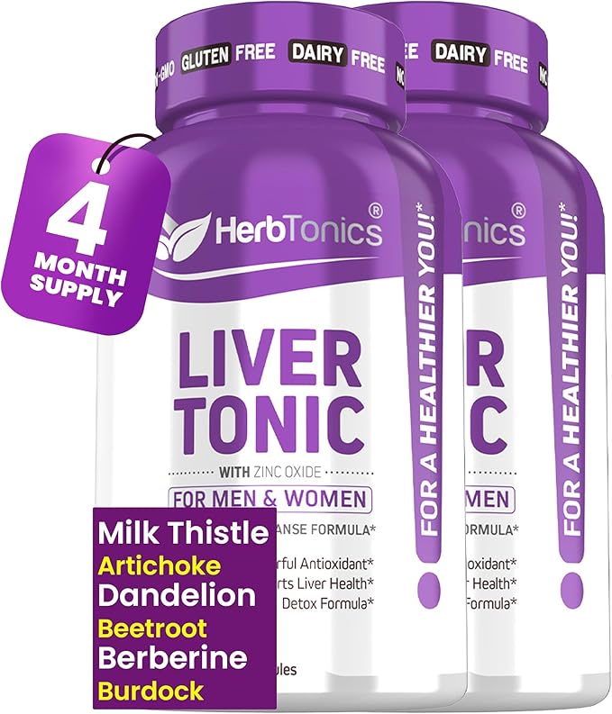 Herbtonics Liver Cleanse Detox &amp Repair | 20-in-1 Liver Detox Complex | Milk Thistle Supplement with Artichoke Dandelion Turmeric Berberine | 240 Vegan Capsules