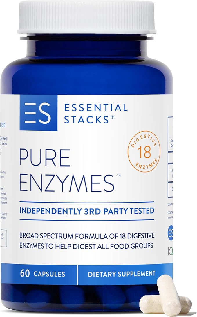 Essential Stacks Pure Digestive Enzymes (Gluten Dairy &amp Soy Free) - 18 Enzymes for Digestion incl. Amylase Lipase &amp Lactase - Vegetarian &amp Non-GMO (60 Capsules)
