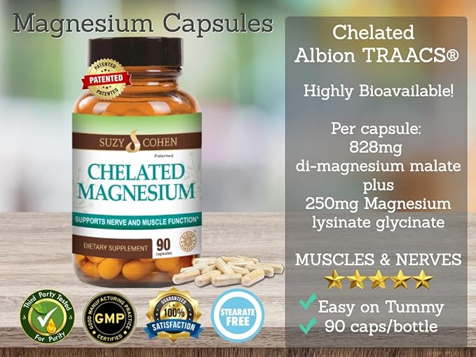 Chelated Magnesium Capsules 45 Servings - Supports Nerve and Muscle Function - 90 Capsules - by Suzy Cohen RPh