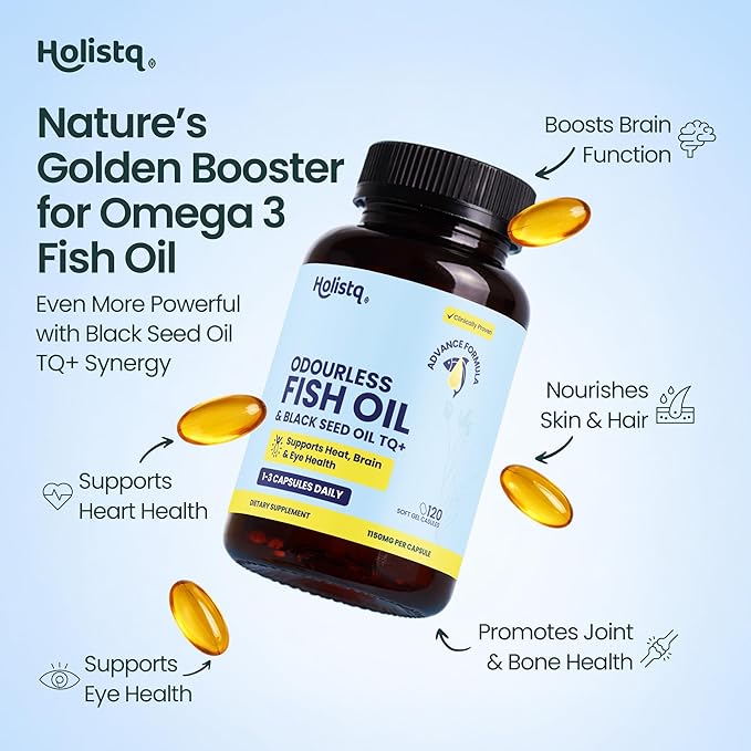 Odorless Fish Oil &amp Black Seed Oil Organic Cold Pressed Capsules with 5% Thymoquinone Nigella Sativa Black Seed Extract and Omega 3 6 9 for Daily Immune Support Non-GMO 120 Softgels