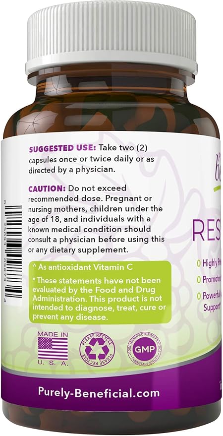 PURELY beneficial RESVERATROL1450-90day Supply 1450mg per Serving of Potent Antioxidants &amp Trans-Resveratrol Promotes Anti-Aging Cardiovascular Support Maximum Benefits(1bottle)