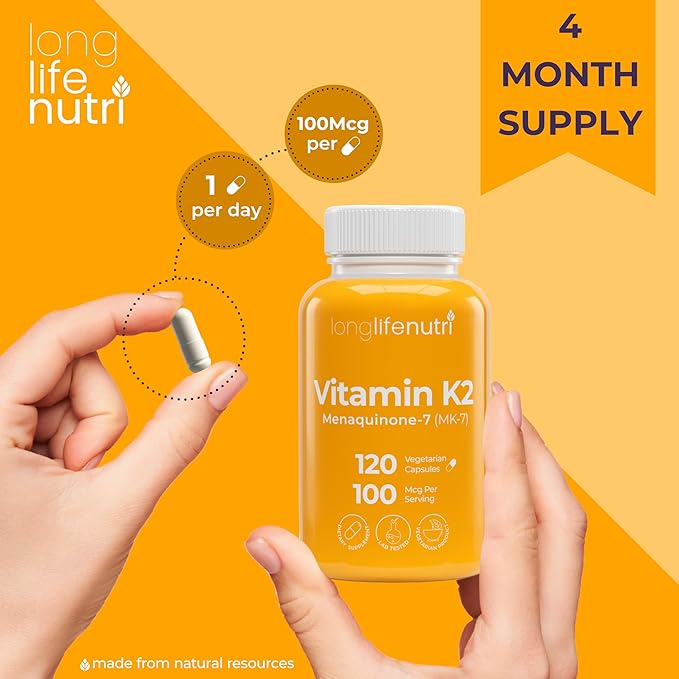 LongLifeNutri Vitamin K2 MK-7 100mcg – Nutrient Support for Bones and Circulation 120 Vegetarian Capsules 4-Month Supply Lab Tested Made in the USA Non-GMO