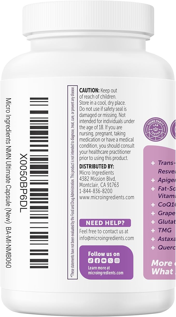 NMN Complex 1000mg Per Serving 60 Veggie Capsules | 10-in-1 with Nicotinamide Mononucleotide Vitamin C Resveratrol CoQ10 TMG Quercetin &amp Glutathione | NAD+ Supplement Precursor | Filler Fr