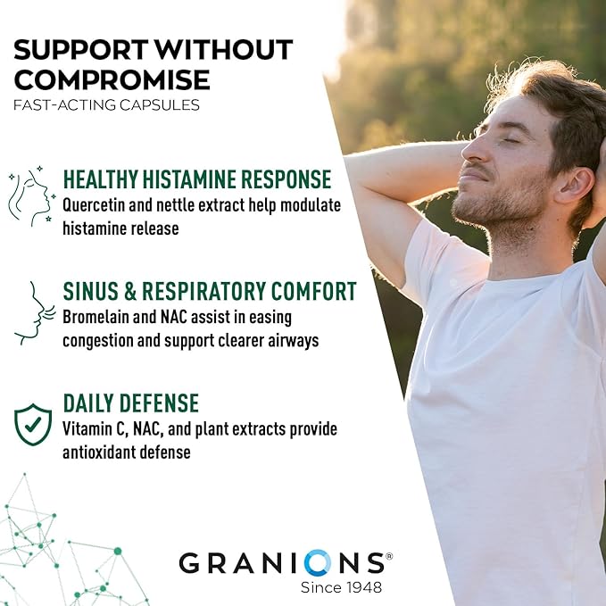 Granions Histamine Balance Complex - Quercetin with Bromelain NAC and Vitamin C - D-Hist Seasonal Histamine Blocker &amp Immune Support Supplement for Adults and Children - 60 Vegan Capsules