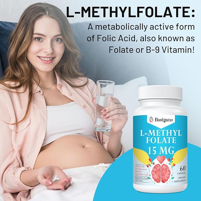 L Methylfolate 15mg (5-MTHF) - Active Folic Acid with B6 and B12 - Vegan Gluten-Free Dairy-Free (1 Pack)