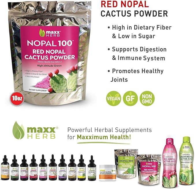 Maxx Herb Red Nopal Cactus Powder Prickly Pear Powder - for Digestion &amp Immune Support High in Dietary Fiber Vegan Non-GMO and Gluten Free - 10 Oz Bag (28 Servings)