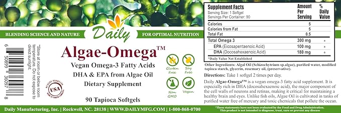 Daily Algae-Omega™ Vegan Omega 3 Supplement – 300mg Algal Oil (180mg DHA / 100mg EPA) – Plant Based Fish Oil Alternative for Brain Heart &amp Eye Health – Non-GMO Mercury Free Burpless – 90 Softge