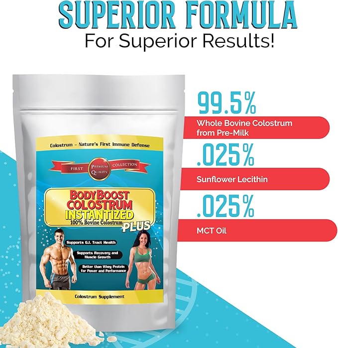 BodyBoost Colostrum Instantized 99.5% Bovine Colostrum Powder Immune Booster Supplement with Immunoglobulin &amp Lactoferrin Grass Fed Colostrum Food for Gut Health Diverse Intake 2 x 16 oz