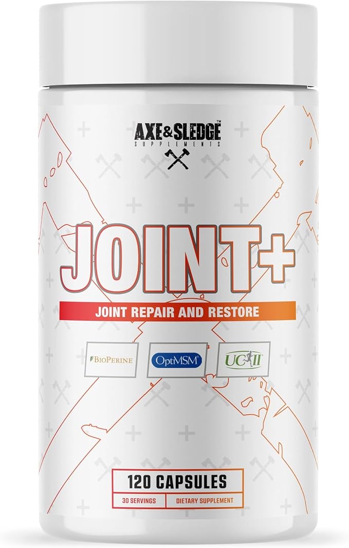 Axe &amp Sledge Joint+ | Joint Health Support Supplement with UC-II Collagen Glucosamine MSM Bioperine | 1g Glucosamine 500mg OptiMSM 40mg UC-II Collagen | 30 Servings